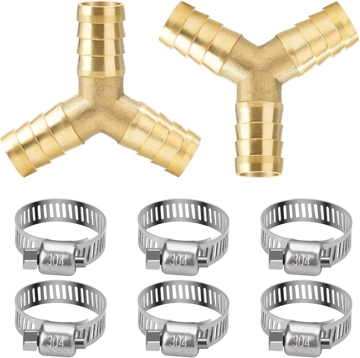Y-slangkoppeling van messing 12 mm, 3-weg met 6 slangklemmen voor water- en luchttoepassingen