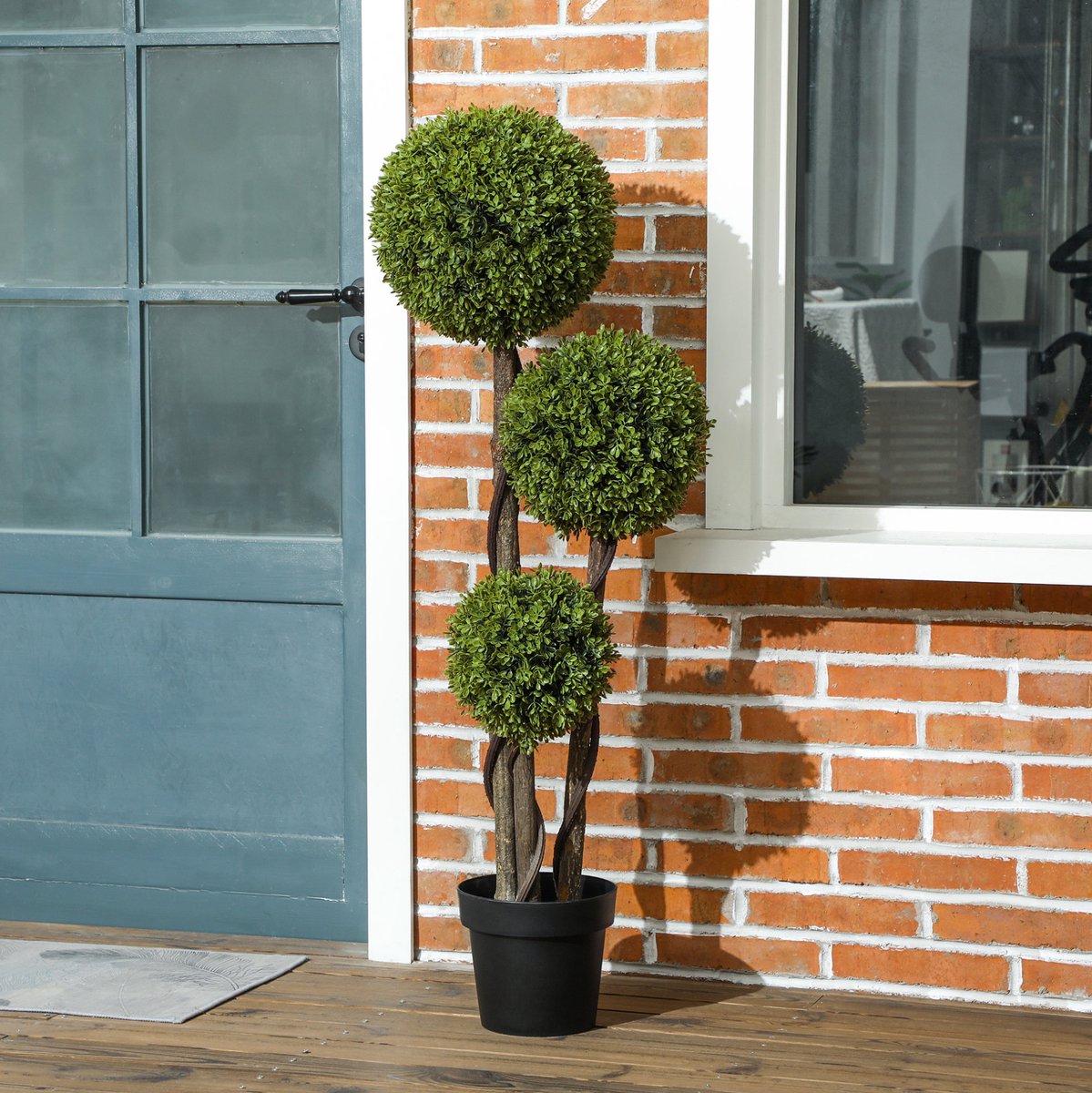 REDOM - Kunstplant - Kunstbuxus van 115 cm - Driebollige vorm in pot - Voor binnen en buiten - Kunststof - Groen - Pot 19,5 x 17 cm