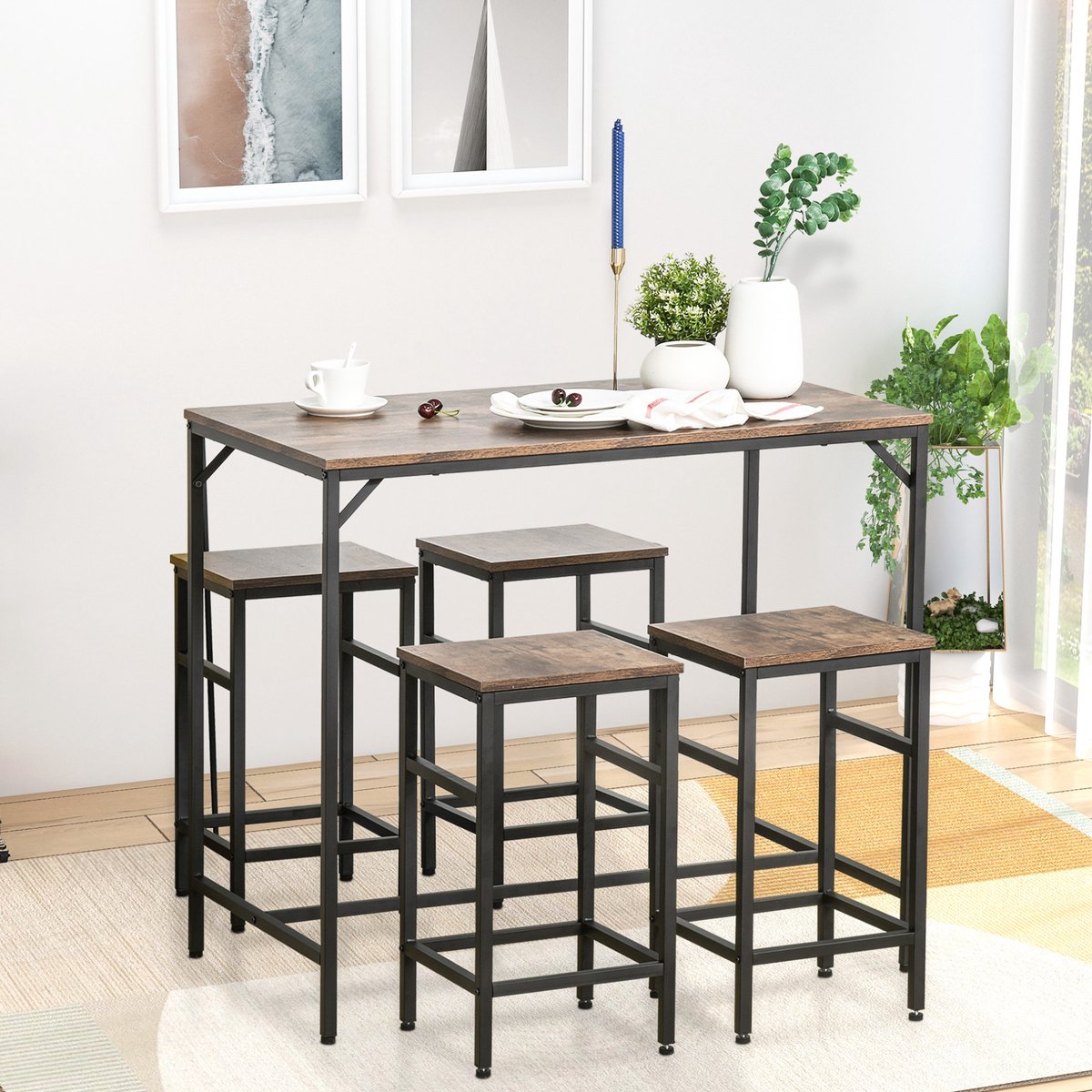 MIVRAY Bartafelset 100 x 60 x 88 cm - Met 4 Barkrukken - Ruimtebesparend Voor Keuken En Eethoek - Hout En Metaal - Bruin Zwart