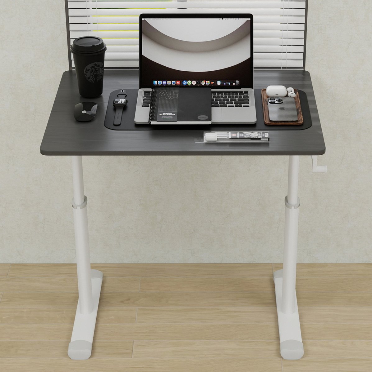 Wishdor Bureau - In hoogte verstelbaar - Handmatige slinger - Zittend en staand werken - Voor studeerkamer kantoor thuiswerkplek - Metaal en hout - Grijs - 83 x 60 x 60-90 cm