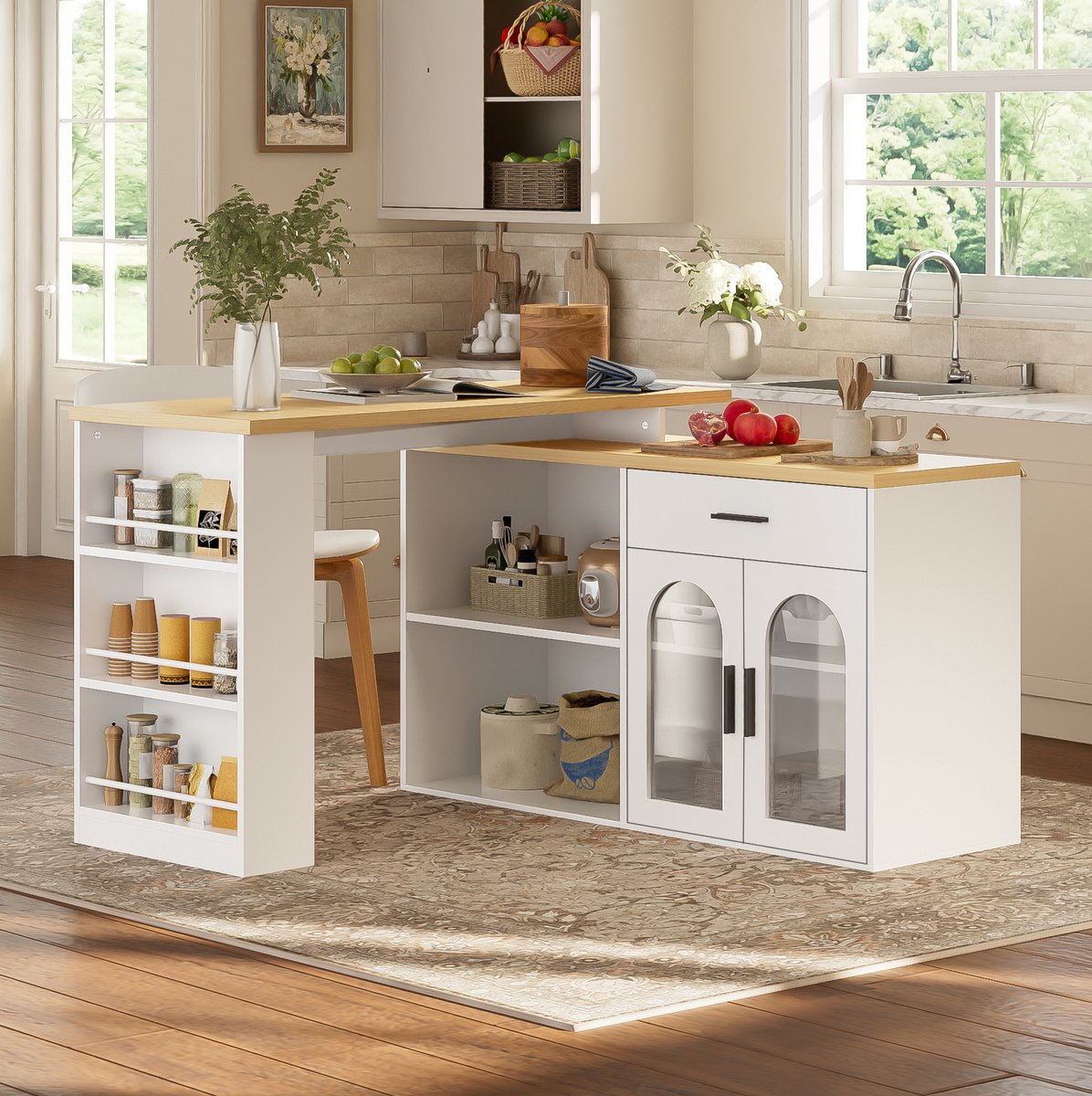 Stilvora Keukeneiland Met 360 Graden Draaibaar Tafelblad Opbergruimte Lade En Planken Voor Kleine Keuken Wit Mdf 136x50x78 Cm