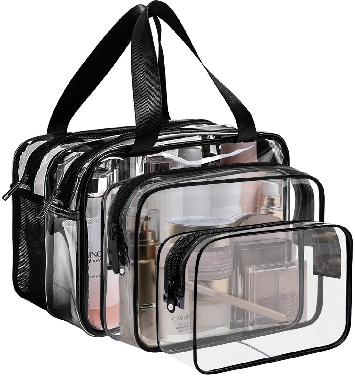 Elzusha- Toilettas Groot - 3-delige Transparante Reistoilettas - PVC - Met Aparte Vakken - Voor Dames/Heren - Lichtgewicht 350 gr - Make-uptas