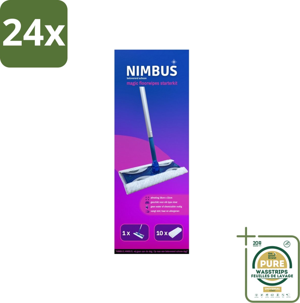NIMBUS Magic Vloerdoek Starterkit 1 Dweil + 10 Droge Vloerdoekjes 1 set - Voordeelverpakking - 24 stuks - Schoonmaken - Huisdierhaar