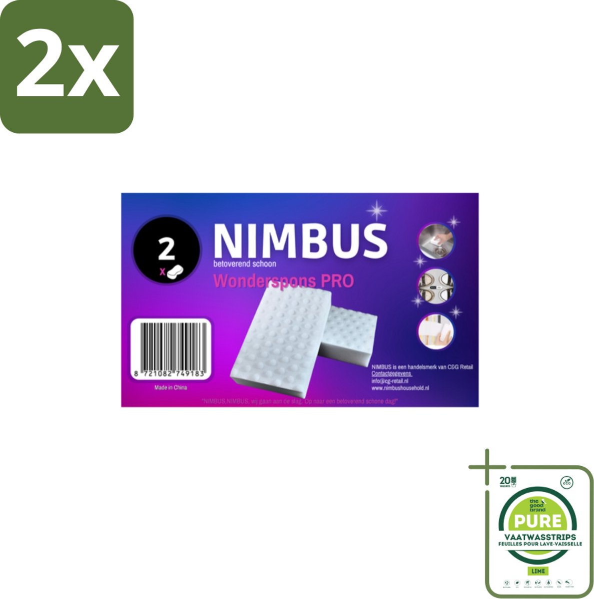 NIMBUS Wonderspons Pro Wit 2 stuks per verpakking - Voordeelverpakking - 2 stuks - Schoonmaken - Reinigen