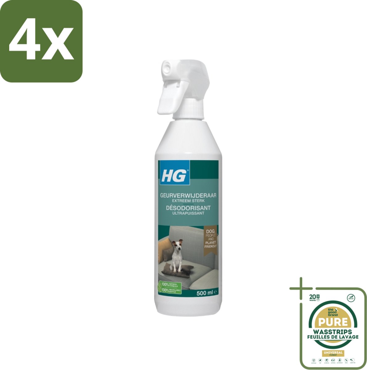 HG - Geurverwijderaar Hond Spray - Extreem Sterk - Werkt Binnen 30 Minuten - 100% Biologisch - 500 ml - Voordeelverpakking - 4 stuks - Geurneutralisator - Huisdierengeur