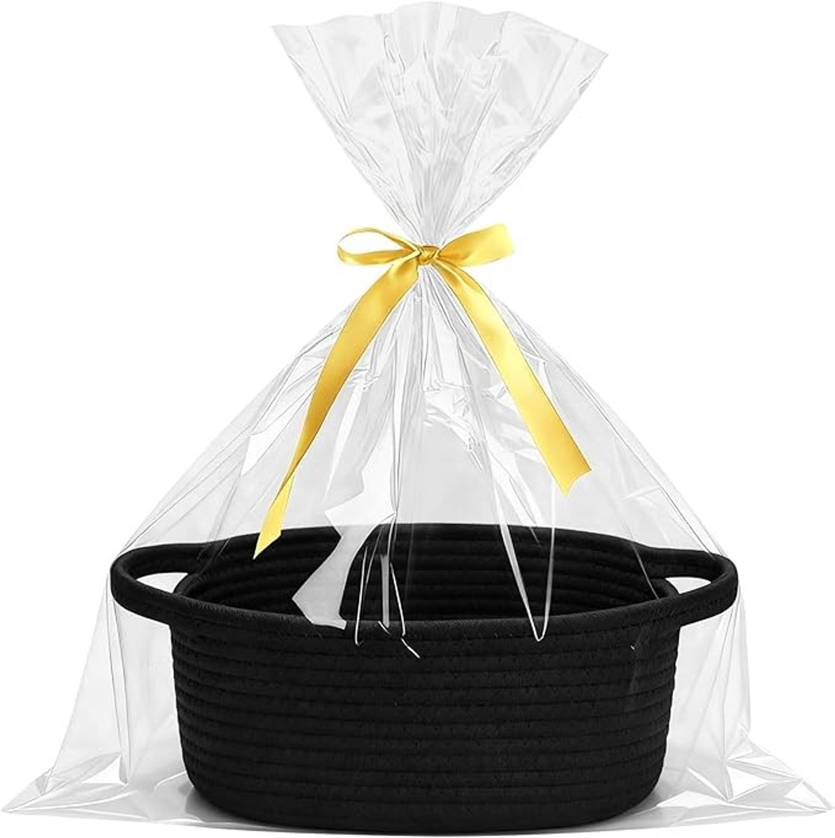 Zwarte gevlochten cadeaumand met lint en cellofaanzakje
