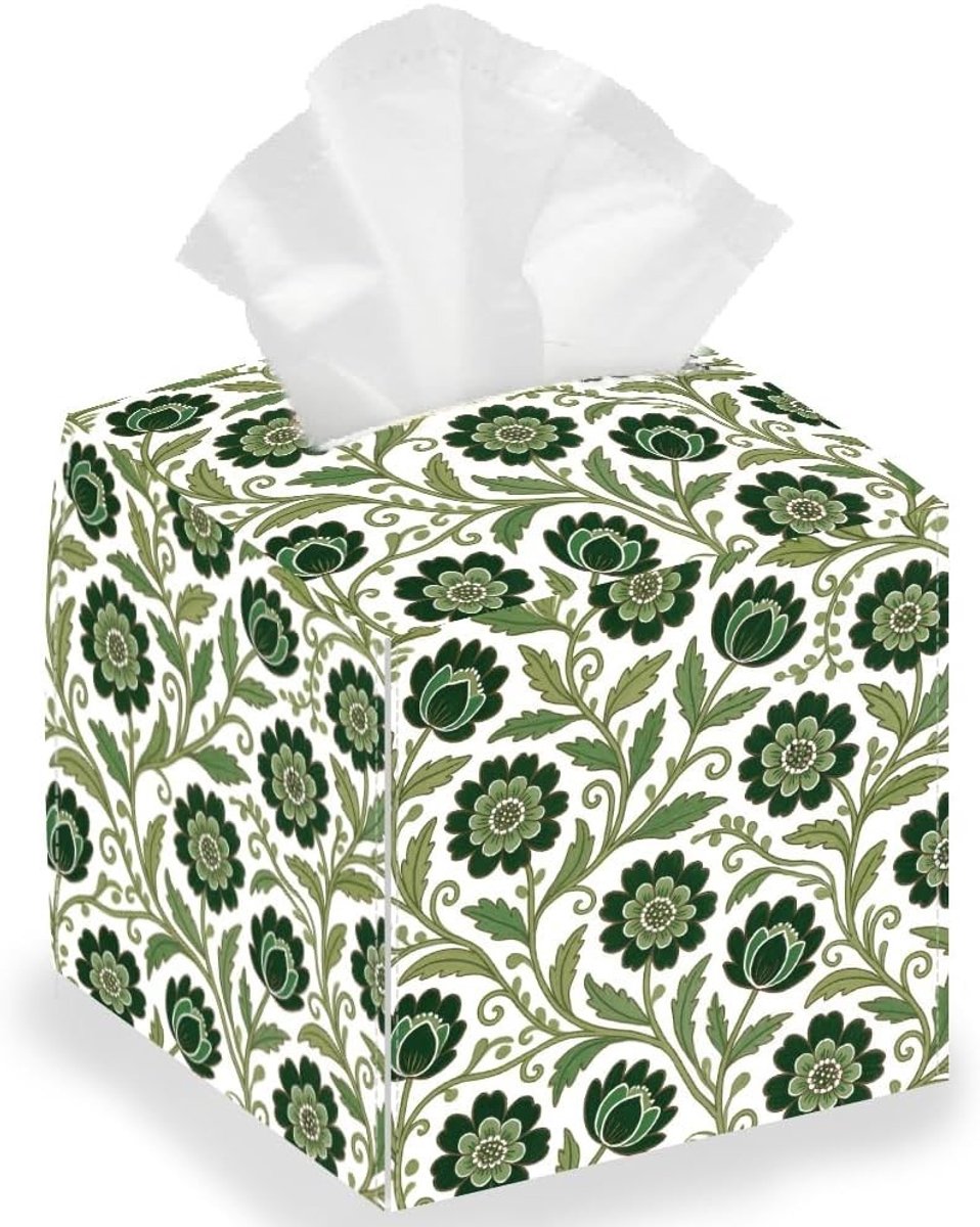 Handgeschilderde Bloemenstoffen Doos Houder in Agaatgroen - Bohemian Leren Vierkante Tissue Box Cover en Organizer voor Thuis, Badkamer en Keuken
