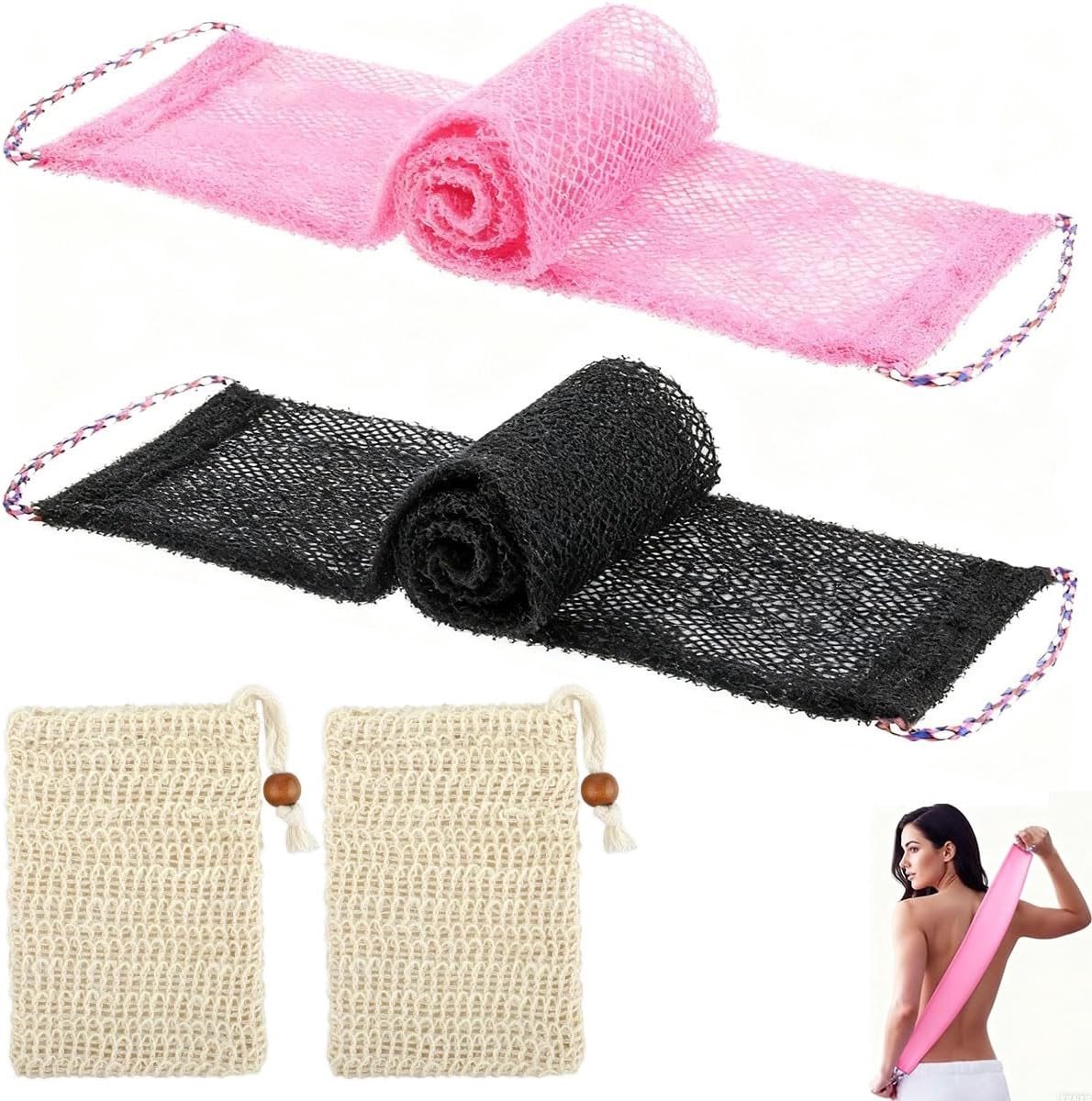 Douchespons met 2 zeepzakken en handtouw, ideaal voor rug- en lichaamspeeling, set van 2 voor mannen en vrouwen