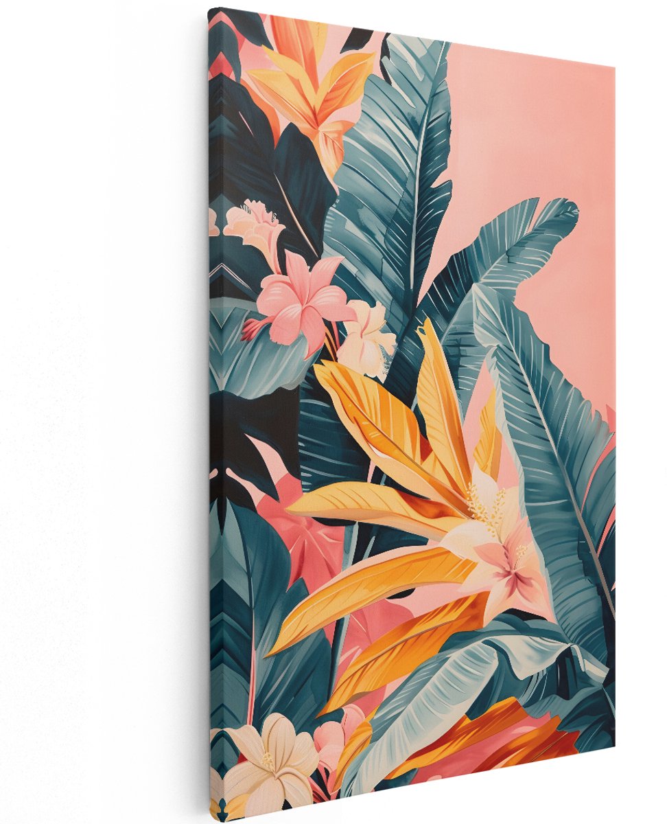 Artaza Canvas Schilderij Tropische Bloemen - 100x150 cm - Groot - Wanddecoratie Bloemen - Muurdecoratie Boho - Decoratie Woonkamer - Roze