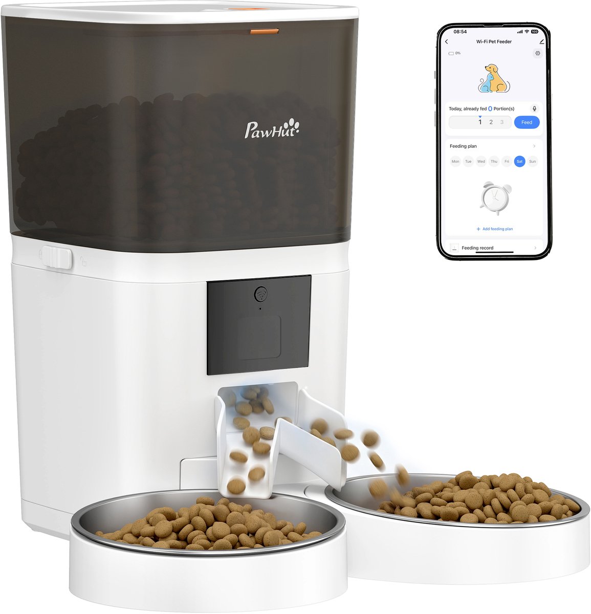 TEKROA® Automatische voederautomaat van 6 liter met wifi 2.4G-functionaliteit en app-bediening, 2 kommen, programmeerbaar van 1 tot 10 maaltijden, spraakopnamefunctie van 10 seconden