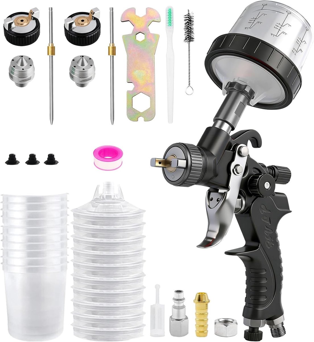 Mini HVLP Verfspuit Kit met 2 Doppen 0.8/1 mm en 10 Wegwerp Verfspuitbekers voor Meubels, Muren en Tuinprojecten