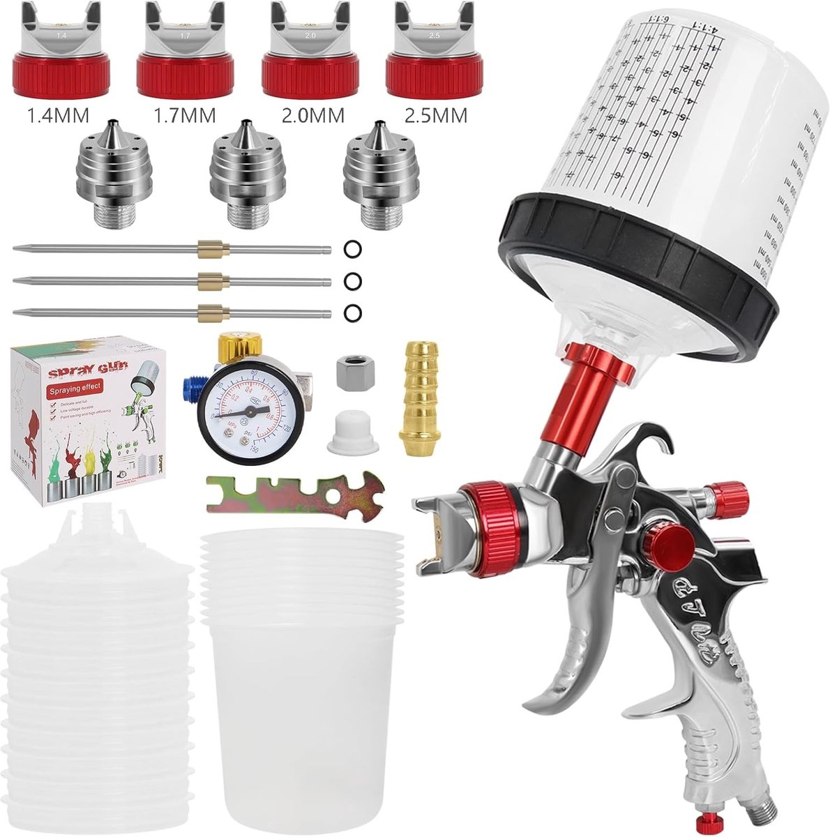Professionele HVLP Spuitpistool Set met 4 Doppen, 1.4 mm, 1.7 mm, 2.0 mm en 2.5 mm, voor Verf, Lak en Coatings met 600 ml Plastic Bekertje