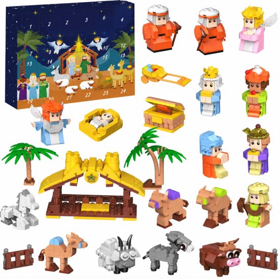 Kerststal set met mini-figuren van Jezus, Maria, Jozef, engelen, koningen, dieren, schapen, kamelen, een os, stal, poort en schatkist.