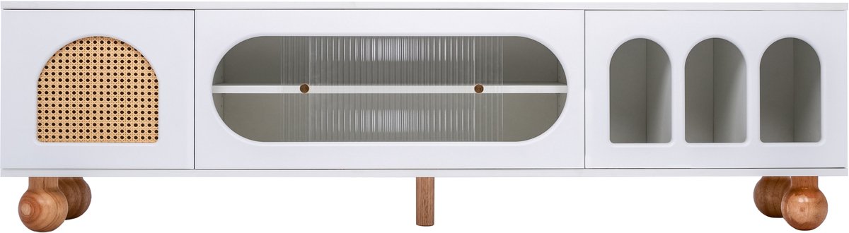 TV Meubel - 170 cm Met Rotan Deur En Glazen Schuifdeur - Wit en Hout