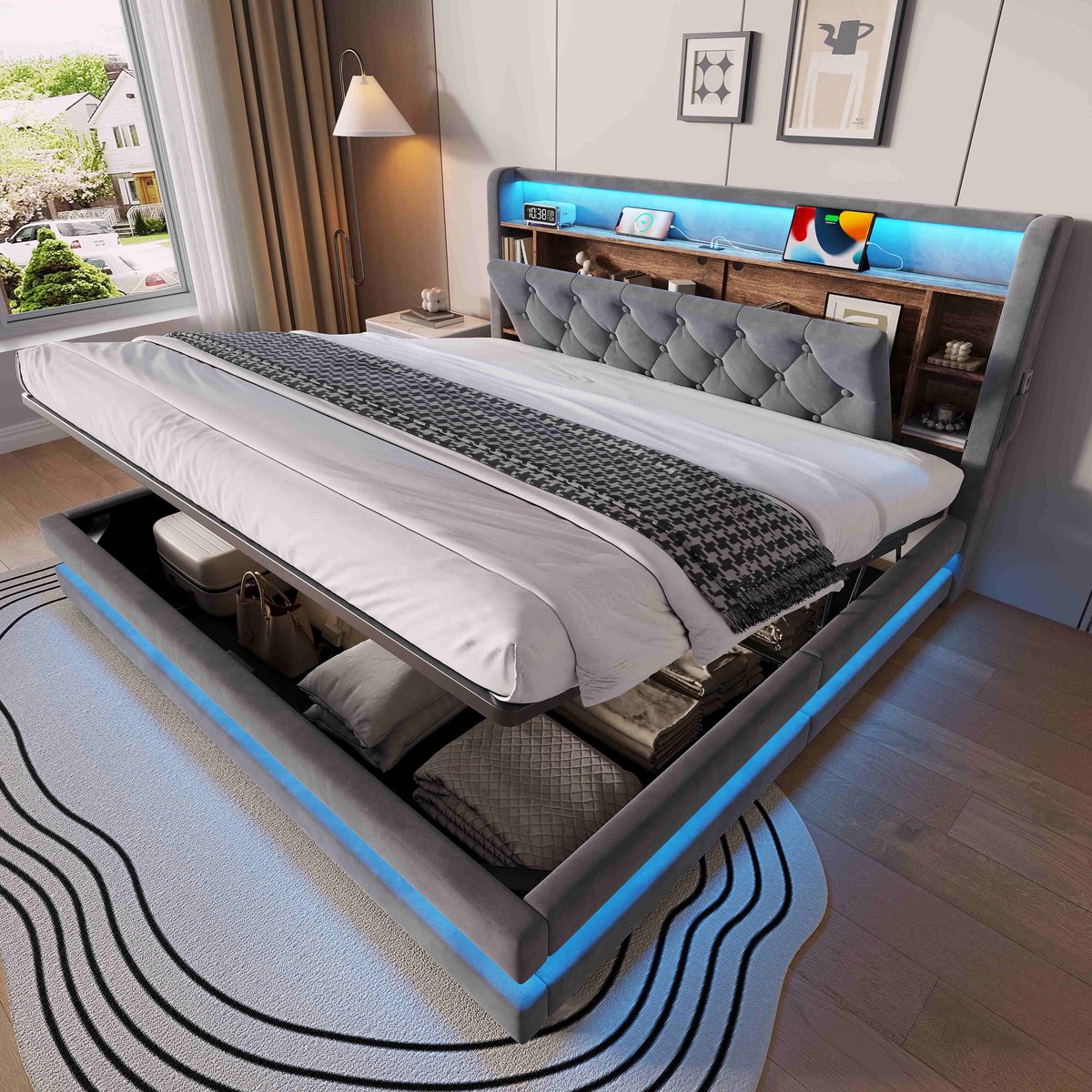 VVBV Tweepersoonsbed 180x200 cm - Hydraulische Opbergruimte, LED-Verlichting, USB-C, Lattenbodem - Donkergrijs