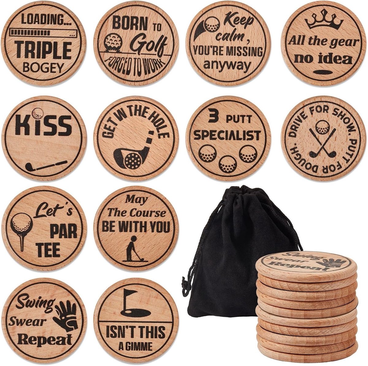 12 Stuks Houten Golfbal Markers met Gravure - Grappige Accessoires voor Golfers, Perfect als Cadeau voor Vaderdag en Kerstmis
