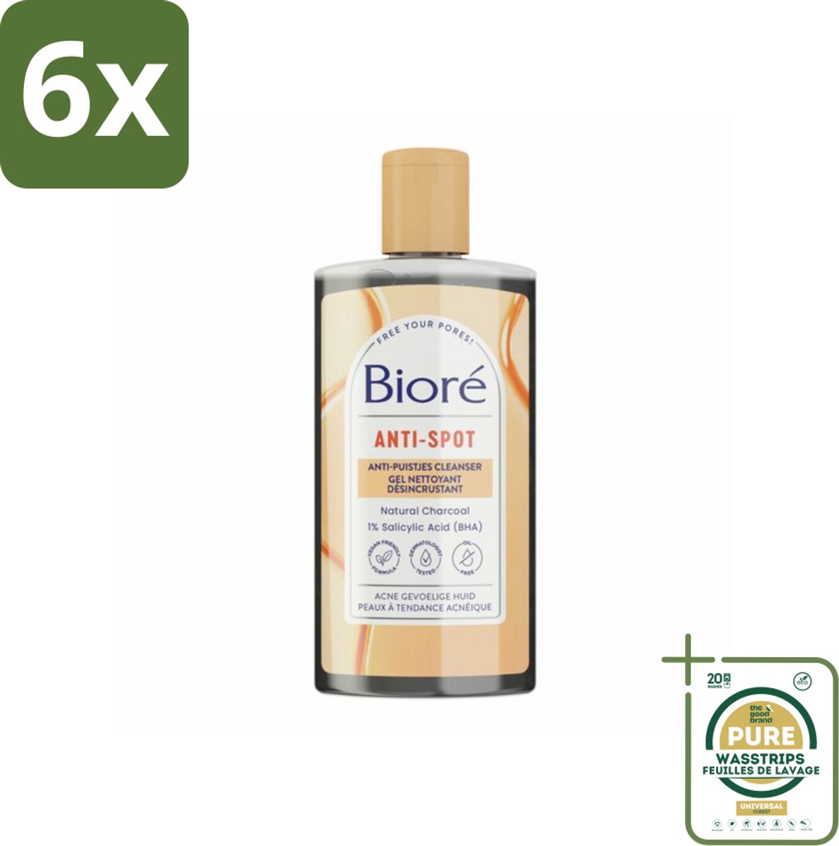 Bioré – Houtskool Anti-Puistjes Reinigingsgel – Gezichtsreiniger – 200 ml - Voordeelverpakking - 6 stuks - Gezicht reinigen - Salicylzuur