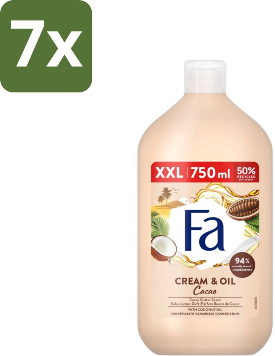 7 x Fa - Cream & Oil Cacao - Bad- & Douchegel - Cacaoboter Met Kokosolie - 750 ml - Bad En Douche Gel - Cacaoboter - Kokosolie - Huid Verzorging - Hydraterende Gel