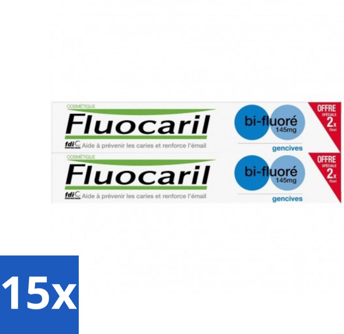 15 x Fluocaril - Tandpasta - Met Fluoride - 2 Tubes - 75 ml - Fluoride Tandpasta - Mondhygiëne - Gaatjesvoorkomen - Tanden Beschermen - Tandvlees Beschermen