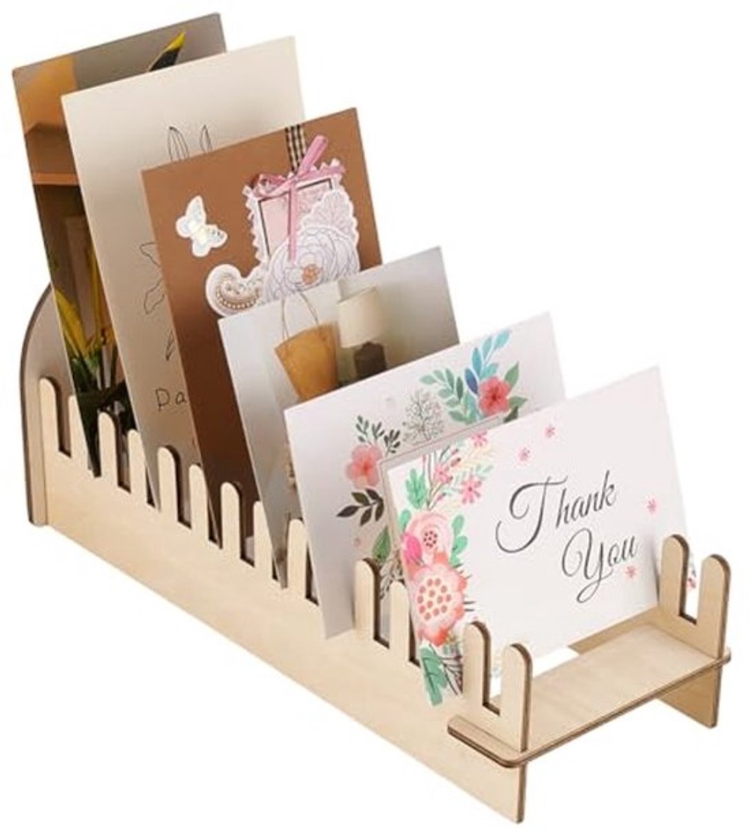 Houten Kaart Display Stand met 14 Vakken - Aanpasbare Postkaart Houder voor Tafel