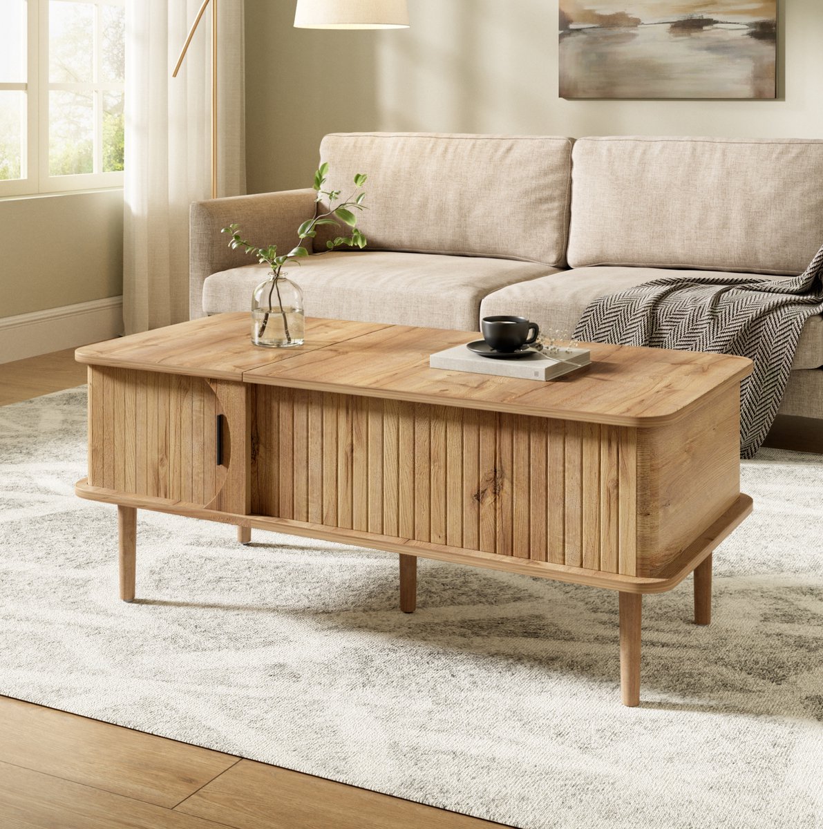 OKWISH Salontafel - Hoogte Verstelbaar Tafelblad En Schuifdeur - Voor Woonkamer En Kleine Ruimtes - MDF Houtkleur - 100 x 48 x 55,5 cm
