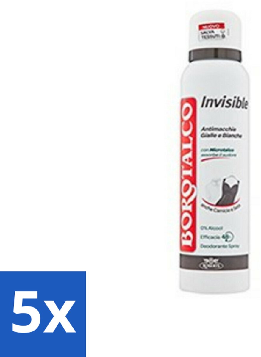 5 x Borotalco - Deodorant Spray - Invisible - Barrier Effect Talc - 0% Alcohol - 150 ml - Deodorant Spray - Vlekken Voorkomen - Zweet Absorberen - Droge Huid - 0% Alcohol