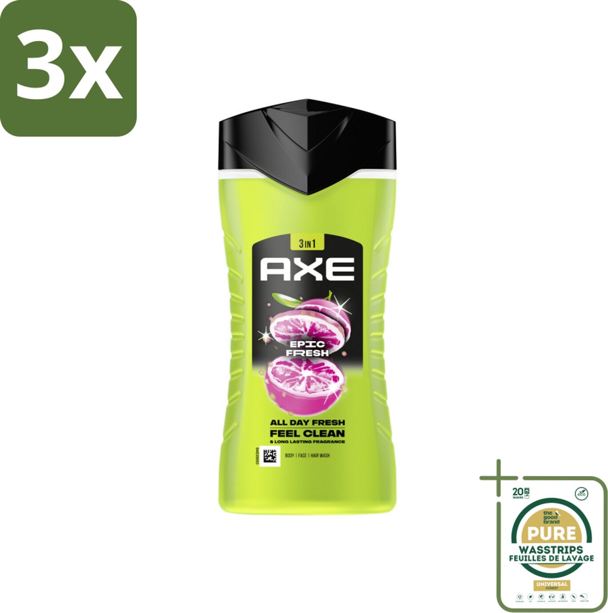 3 x Axe - 3-in-1 Douchegel - Epic Fresh - Grapefruit & Tropical Pineapple - Fresh Boost - 250 ml - Grootverpakking - Douchegel - Frisheid - Geur - Lichaam - Gezicht
