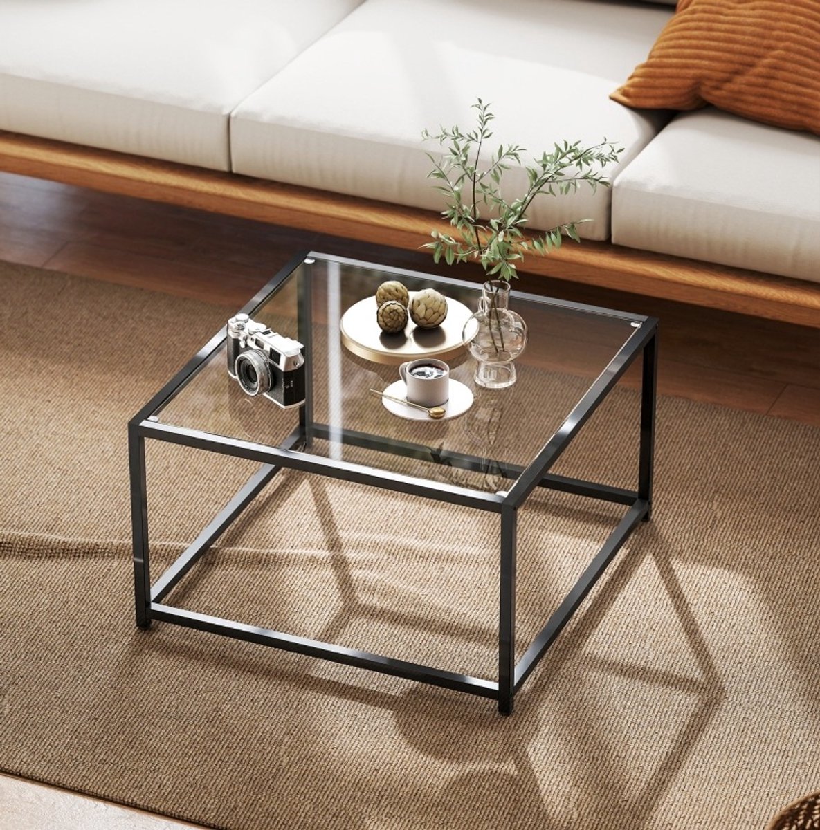 STILVORA Bijzettafel - Vierkant Design Met Gehard Glas En Stalen Frame - Industrieel Voor Woonkamer En Slaapkamer - Zwart - 68x68x39 Cm