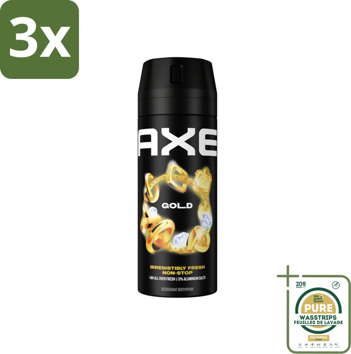 3 x Axe - Deodorant Bodyspray - 48hrs Fresh - Gold - Oud Wood & Fresh Vanilla - 150 ml - Grootverpakking - 48 Uur Geurbeleid - Deodorant Bodyspray - Oud Hout Geur - Donker Vanille - Geurbestrijdende Zinktechnologie