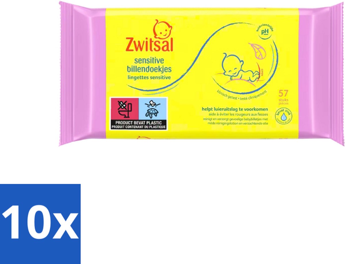 10 x Zwitsal - Babyverzorging - Billendoekjes Sensitive - Voor de Gevoelige Babyhuid - 57 Doekjes - Babybillen - Luieruitslag - Zwitsal Doekjes - Gevoelige Huid - Billetjes Verzorging