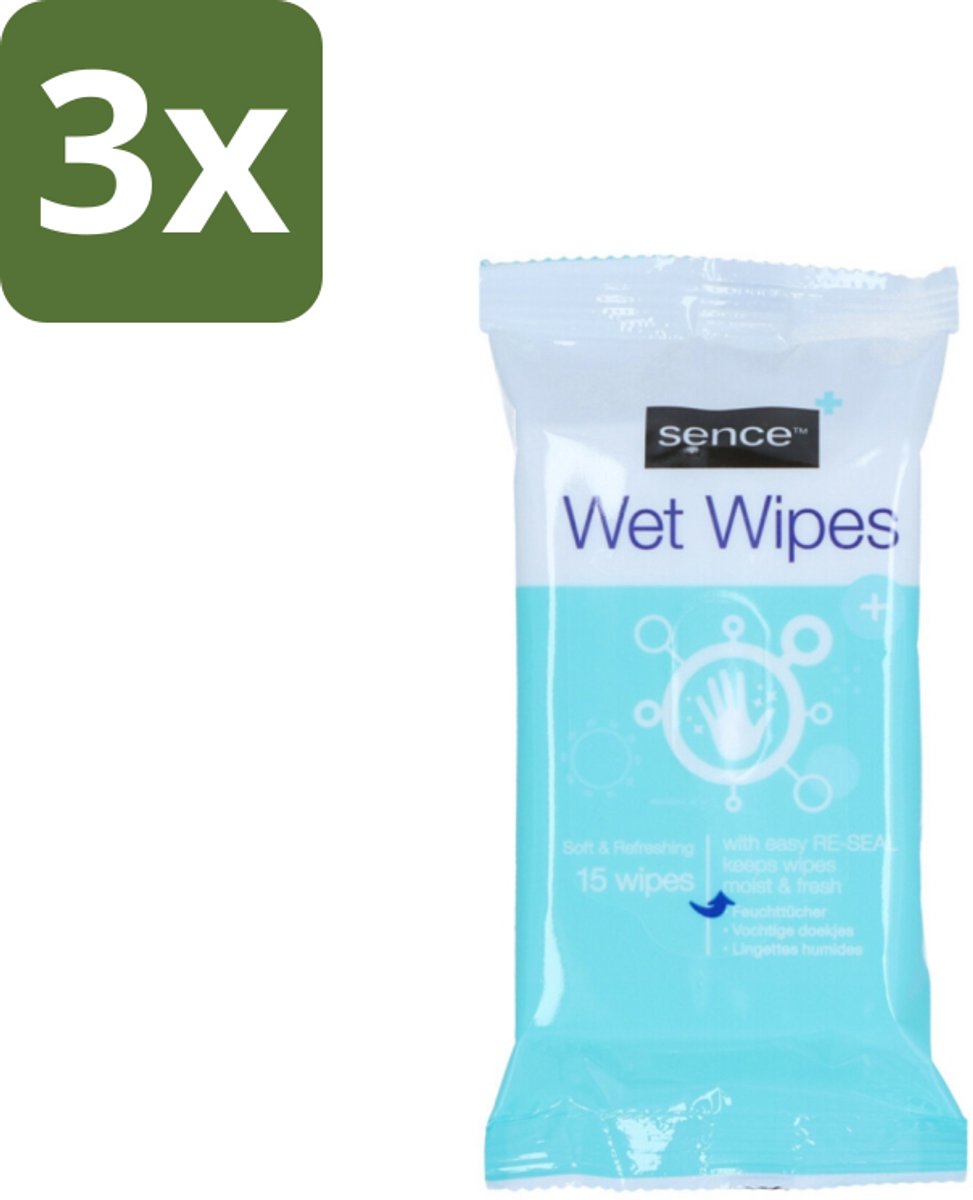 3 x Sence - Vochtige Doekjes - Hersluitbare Verpakking - 15 Doekjes - Vochtige Doekjes - Handdoek - Gezichtsdoek - Reinigingsdoek - Handdoek Voor Gezicht