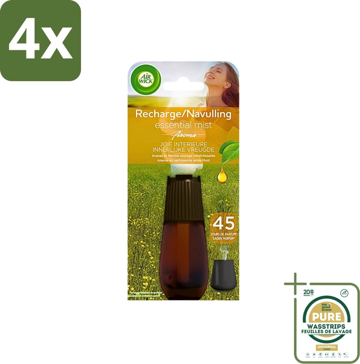 Air Wick Essential Mist - Navulling - Happiness - Ananas & Wilde Munt - 20ml - Voordeelverpakking - 4 stuks - Essentiële oliën - Ananas