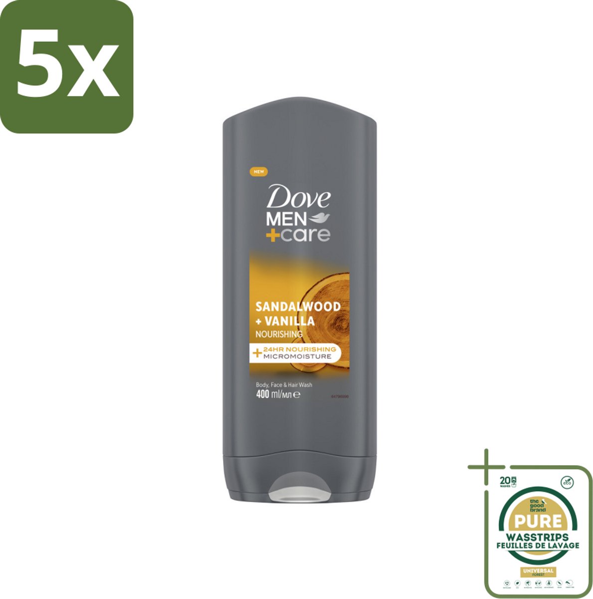 5 x Dove – Douchegel – Men+Care Sandalwood & Vanilla – 400 ml - Grootverpakking - Douchegel Mannen - Mannenhuid Verzorging - Hydraterende Douchegel - Douchegel Voor Mannen - Douchegel Voor Gezicht En Haar