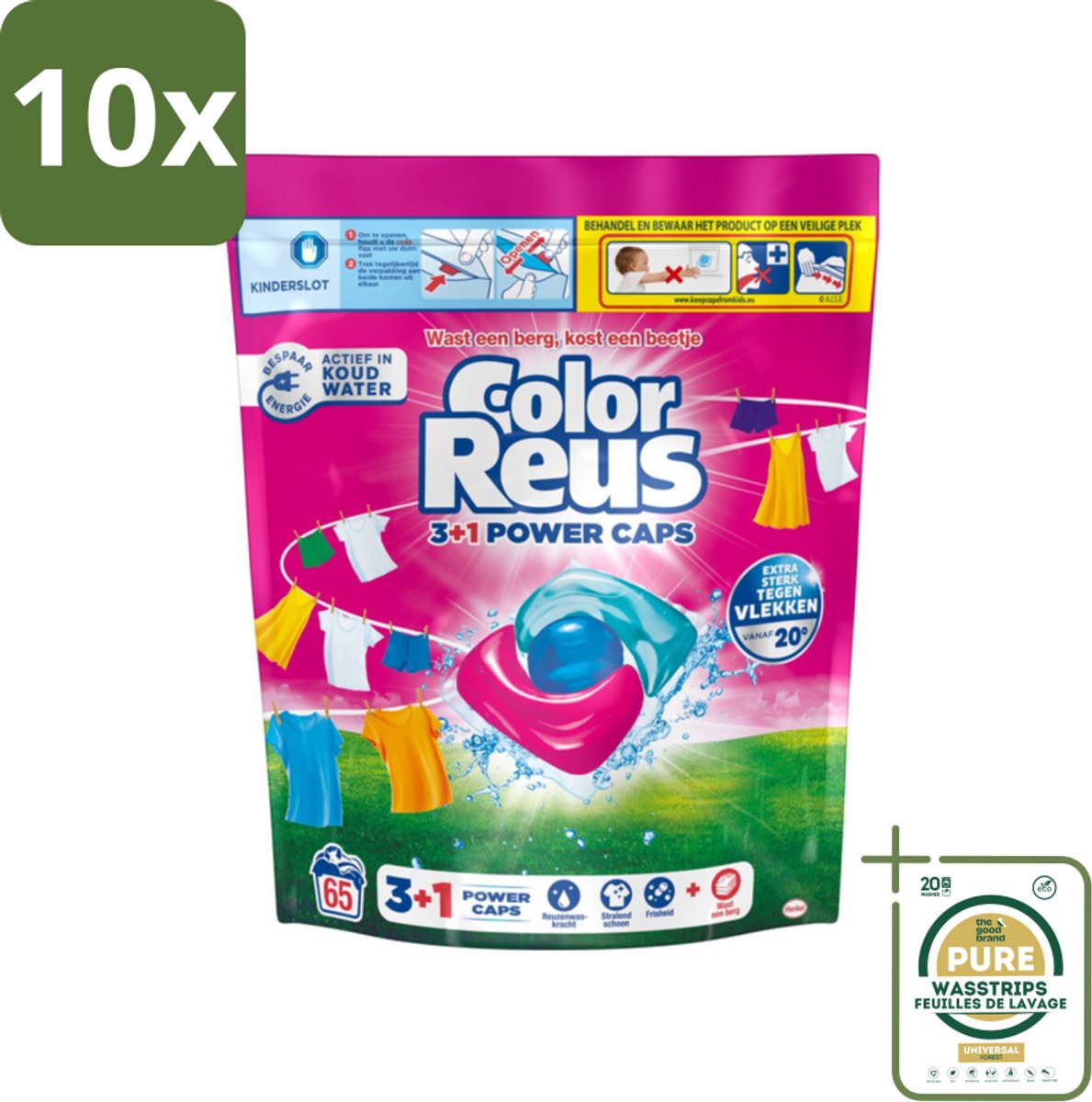 10 x Color Reus - 3+1 Power Caps - Gekleurde Was - 65 Wasbeurten - Grootverpakking - Gekleurde Was - Kleurbehoud - Vlekverwijdering - Reus Power Caps - Wasresultaten
