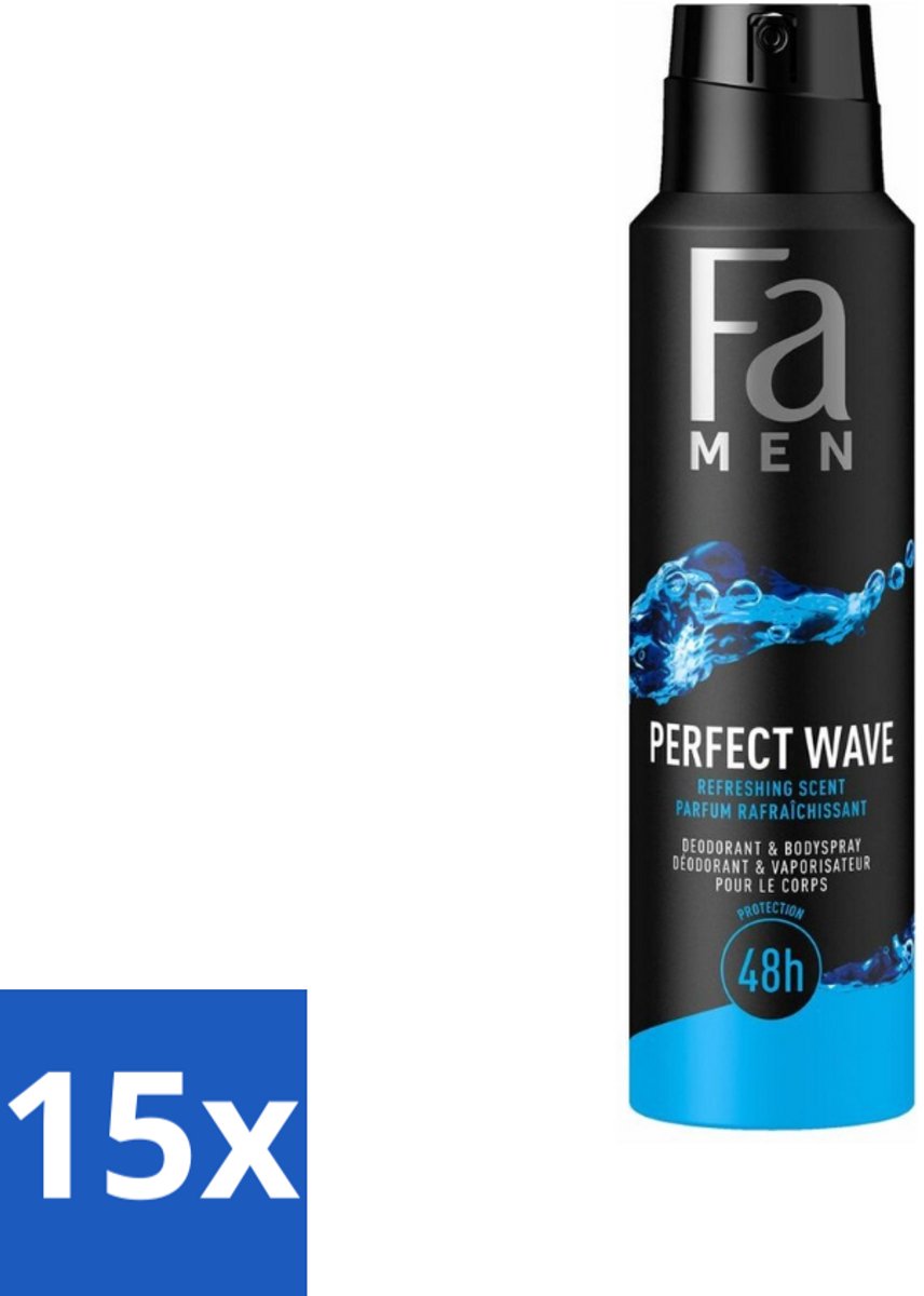 15 x Fa Men - Perfect Wave - Deodorant Spray - Verfrissende Geur - 150 ml - Deodorant Spray - Frisse Geur - Aquatisch - Lichaamsgeur - Zweetblokkerend