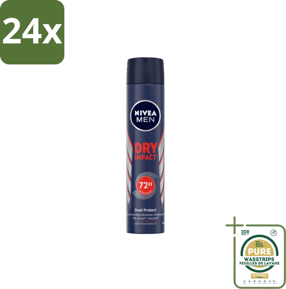 NIVEA MEN – Anti-transpirant spray – Dry Impact – 200 ml - Voordeelverpakking - 24 stuks - 72u bescherming - Zweetvorming