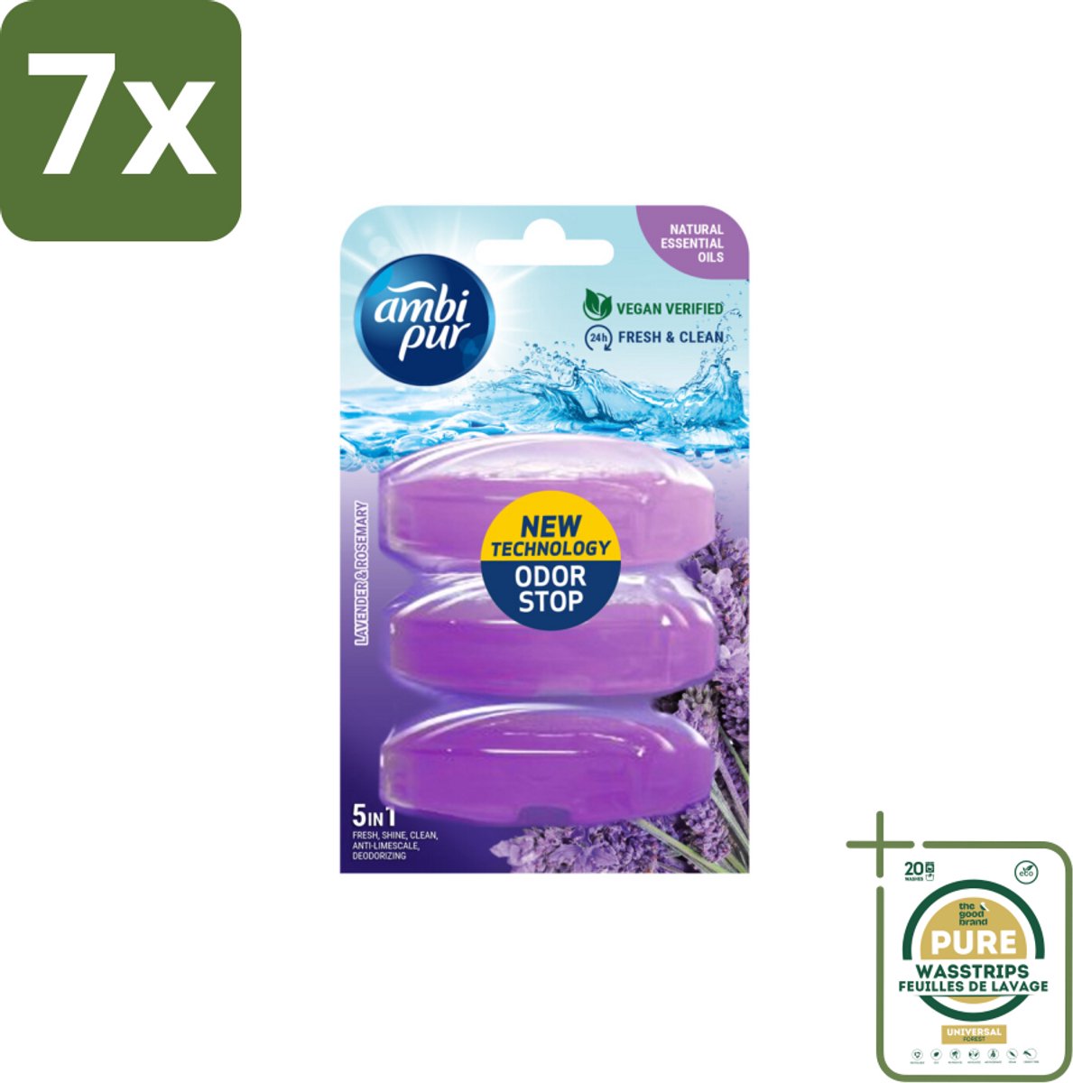 7 x Ambi Pur Toiletblok Navulling Lavendel & Rozemarijn 3 stuks per verpakking - Grootverpakking - Toiletblok Navulling - Reinigingsvulling - Frisse Toiletomgeving - Lavendel En Rozemarijn - Hygiëne
