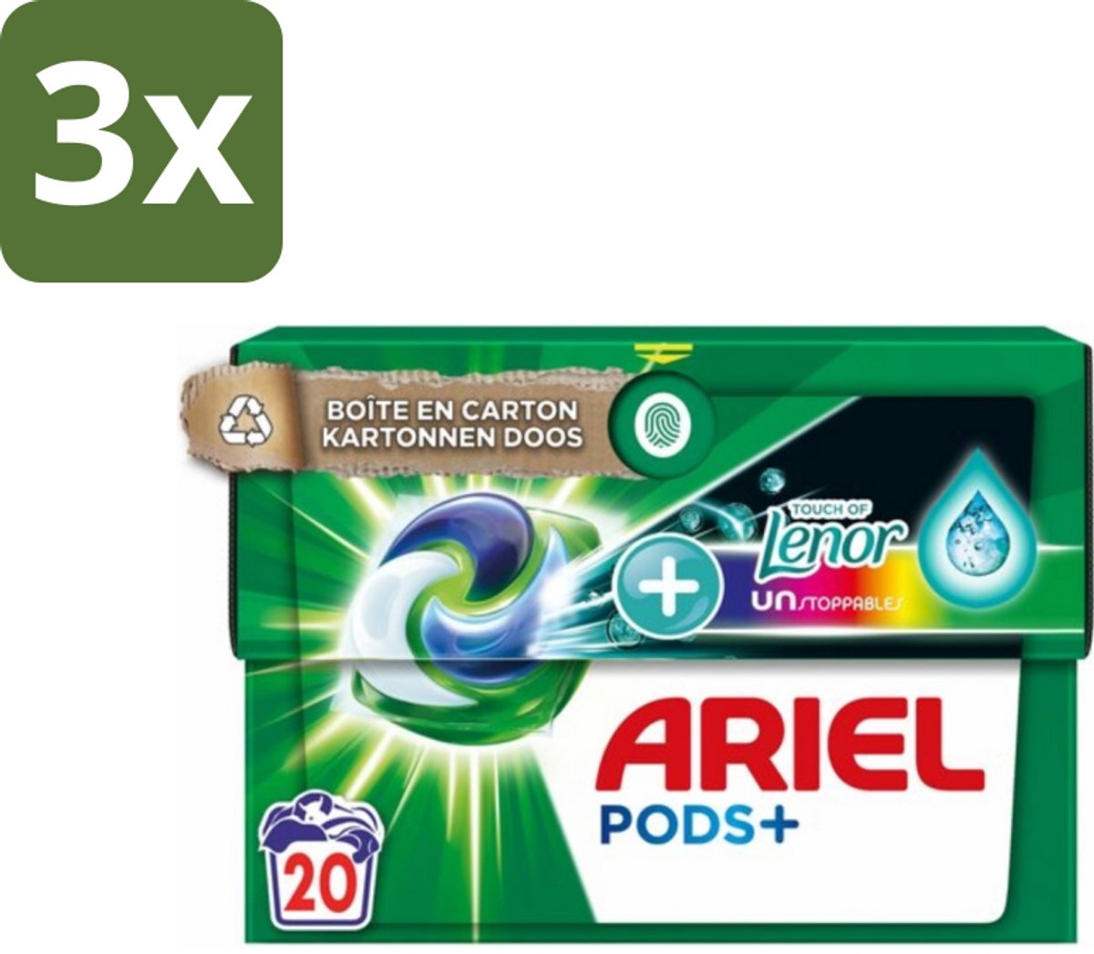 3 x Ariel Original - Touch of Lenor Unstoppables - Wasmiddelcapsules - Pods+ - Gekleurde Was - 20 Wasbeurten - Wasmiddel Capsules - Gekleurde Was - Frisse Geur - Koud Water Was - Vlekverwijdering