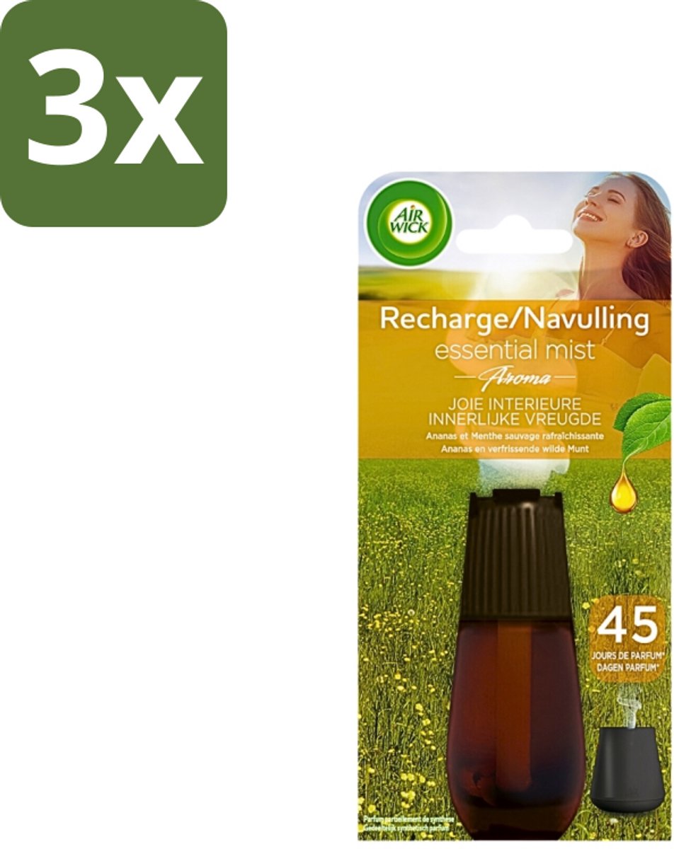 3 x Air Wick Essential Mist - Navulling - Happiness - Ananas & Wilde Munt - 20ml - Navulling - Geurverspreider - Aromatherapie - Ananas - Wilde Munt