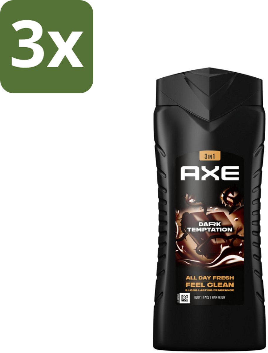 3 x Axe 3-in-1 Douchegel XL Dark Temptation 400 ml - Douchegel - Geur - Donkere Chocolade - Kruiden - 3-in-1