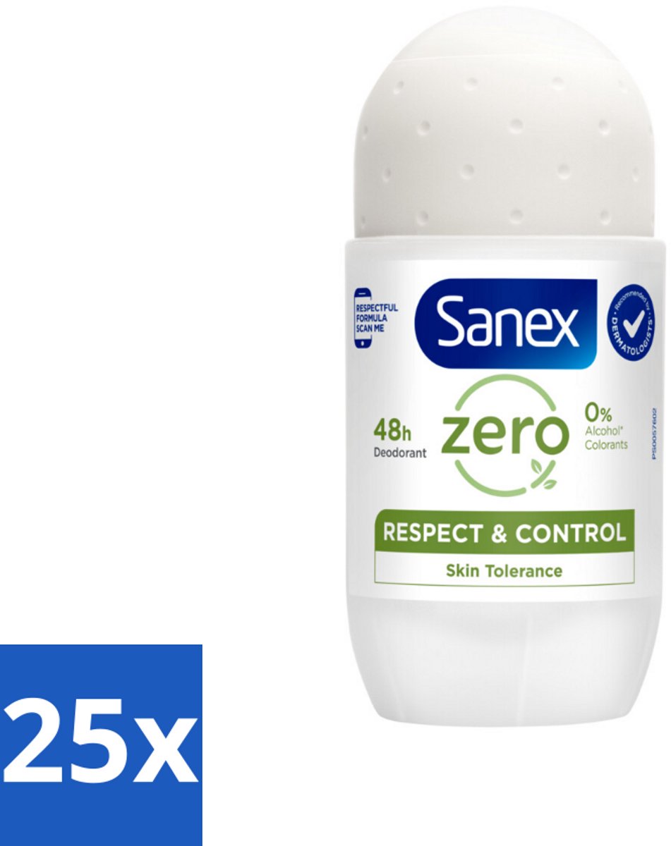 25 x Sanex Deodorant Roller Zero% Normal Skin 50 ml - 24 Uur Deodorant - Aluminiumzouten Vrij - Alcohol Vrij - Huidvriendelijk - Gevoelige Huid