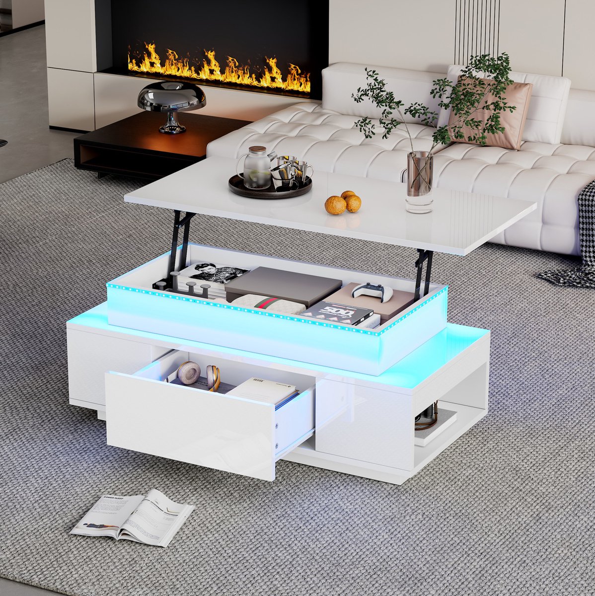 Wishdor Salontafel - Hoogteverstelbaar met lade - Houtlook met verborgen opbergruimte en led - Modern - Woonkamer kantoor studie - Wit - 96 x 45 x 40 cm