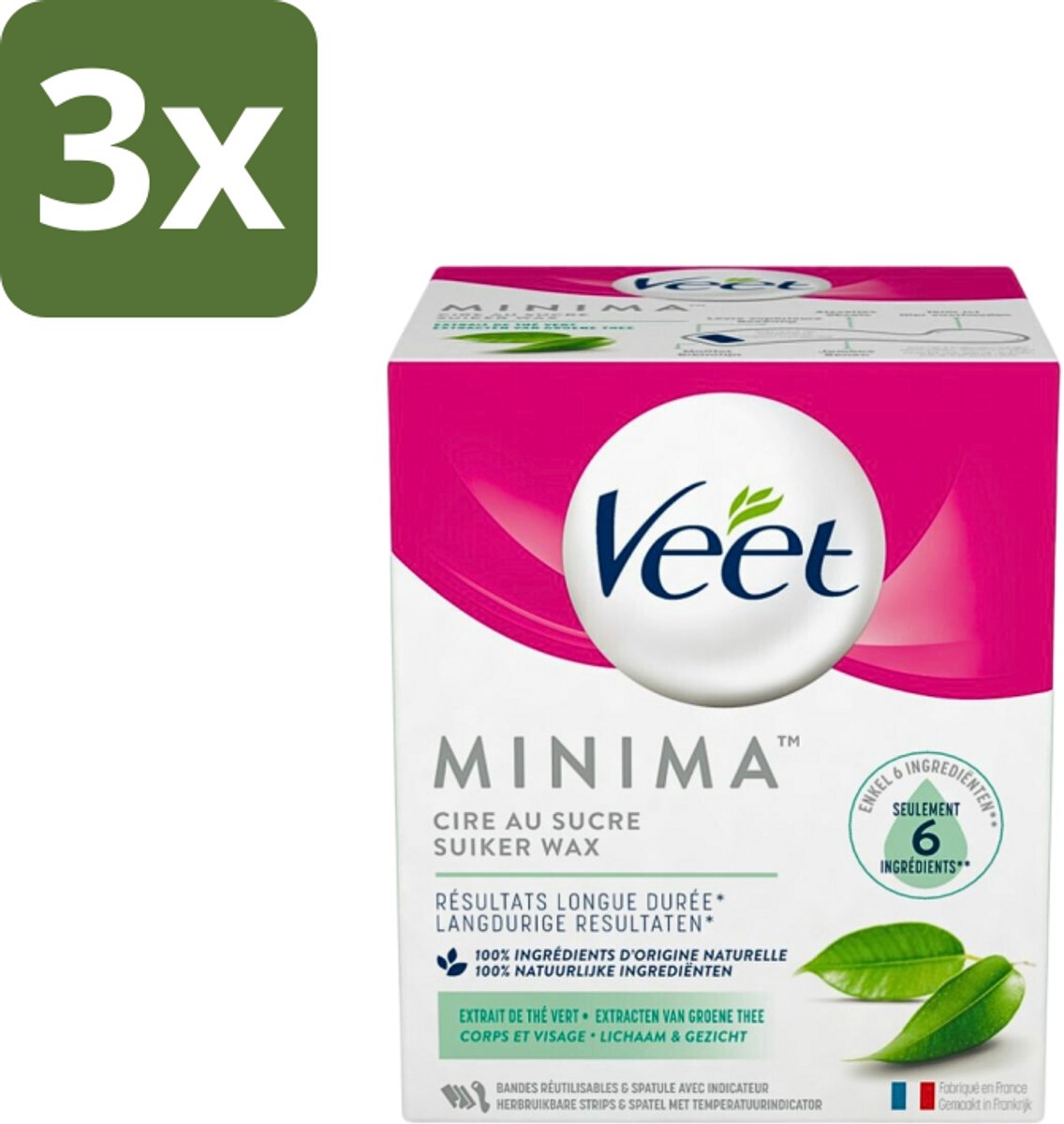 3 x Veet - Warme Wax - Orientaalse Ontharings Wax - Minima - Groene Thee - 250ml - Ontharing Wax - Suiker Wax - Groene Thee Wax - Natuurlijke Ontharing - Haartjes Verwijderen