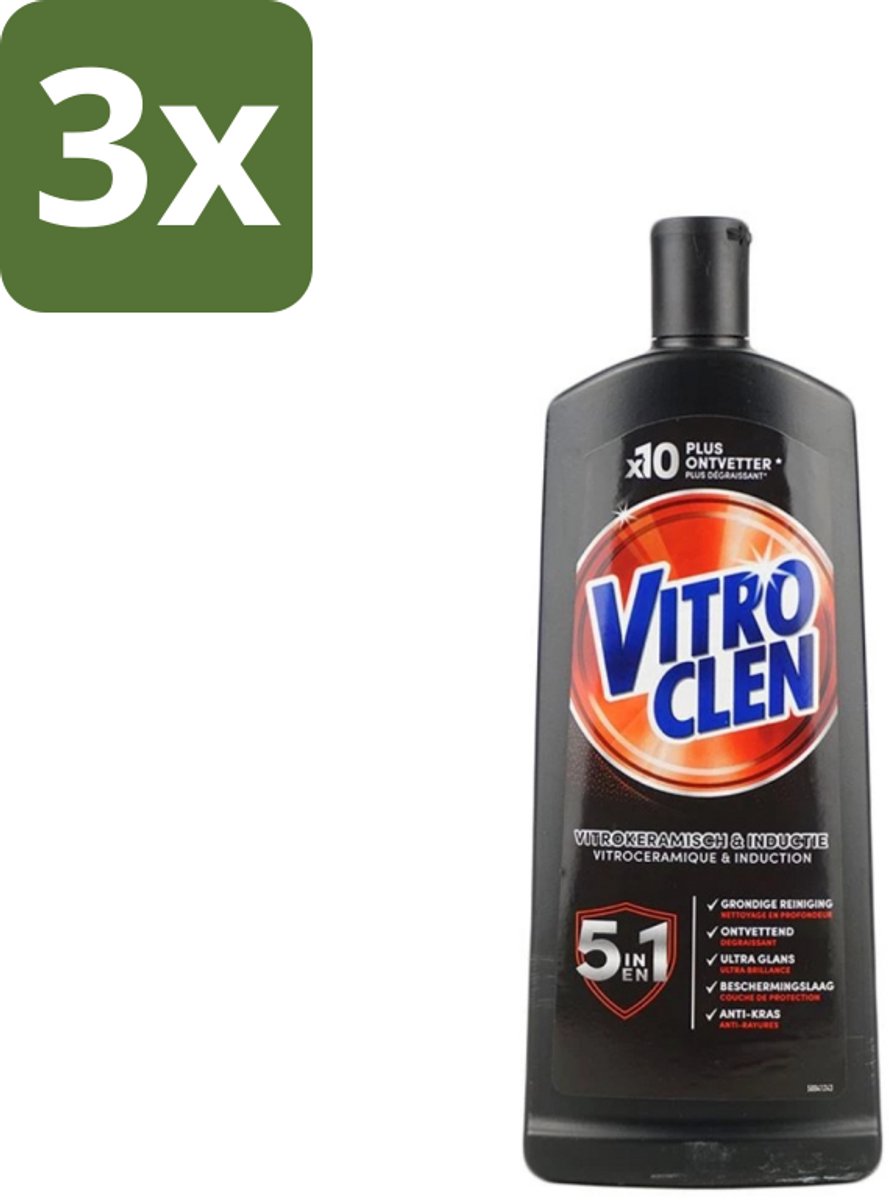 3 x Vitroclen - Kookplaatreiniger - Keramisch & Inductie - 5 in 1 - 500 ml - Keramische Kookplaat Reinigen - Inductiekookplaat Reinigen - Kookplaat Reiniger - Kookplaat Beschermen - Vlekken Verwijderen