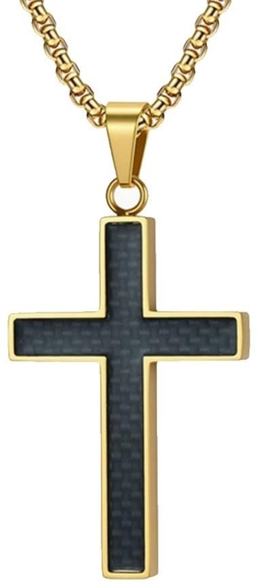 Elzusha - Roestvrijstalen Heren Ketting - Kruis met Zwarte Carbon Inlay