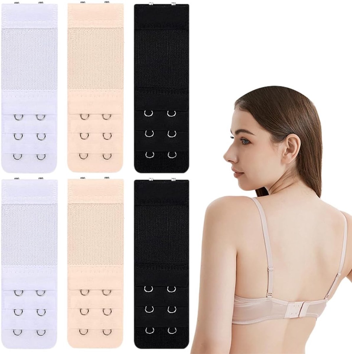 Pack van 6 verstelbare bh-haakjes voor dames - Comfortabel, elastisch en antislip - Zwart, wit en huidskleur