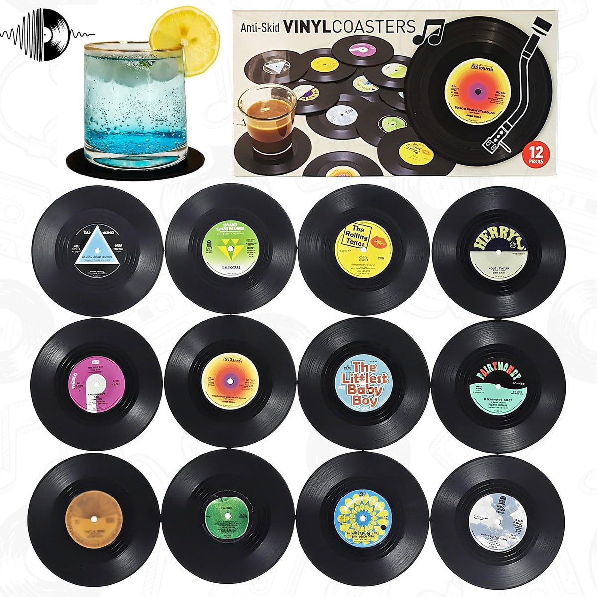 Elzusha - Set van 12 Retro Vinyl Coasters voor Dranken