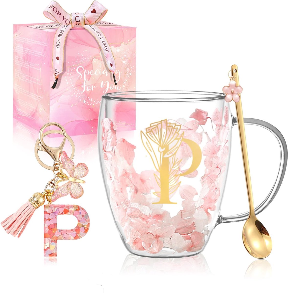 Elzusha- Koffiemokken Dubbelwandig - Glazen Mokken met Gedroogde Bloemen - Hittebestendig Borosilicaatglas - Persoonlijke Initialen - Geschikt voor Warme/Koude Dranken - Theekopjes