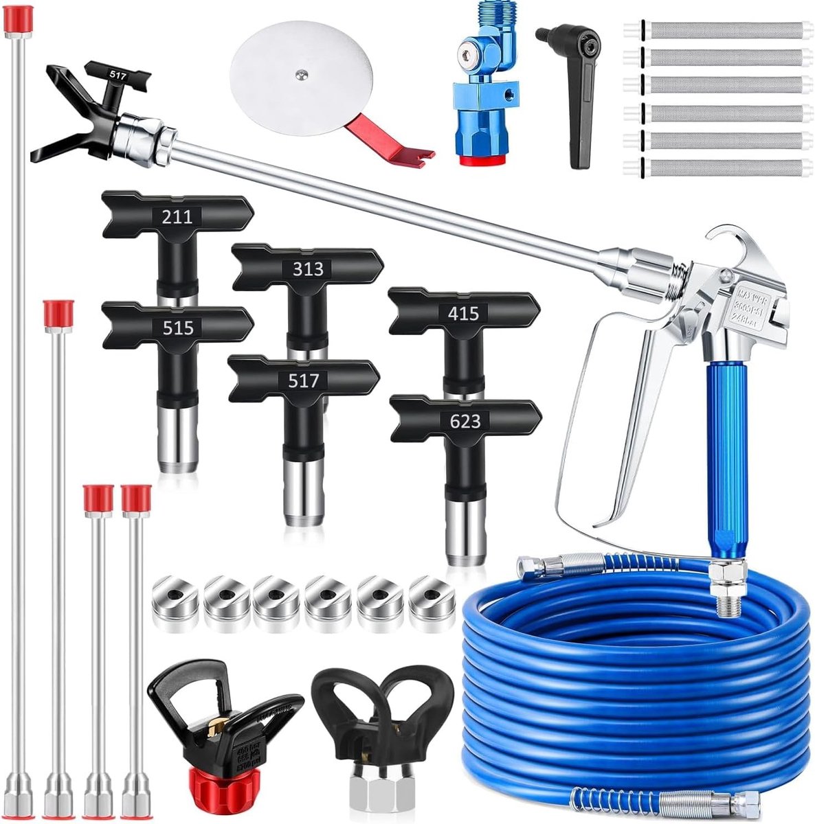 Complete verfspuitset met 22 onderdelen, 3600 psi, luchtdichte spuit, 15 m slang, 6 spuitmonden, 4 verlengstangen, 6 filters en handige gereedschappen voor een perfecte afwerking