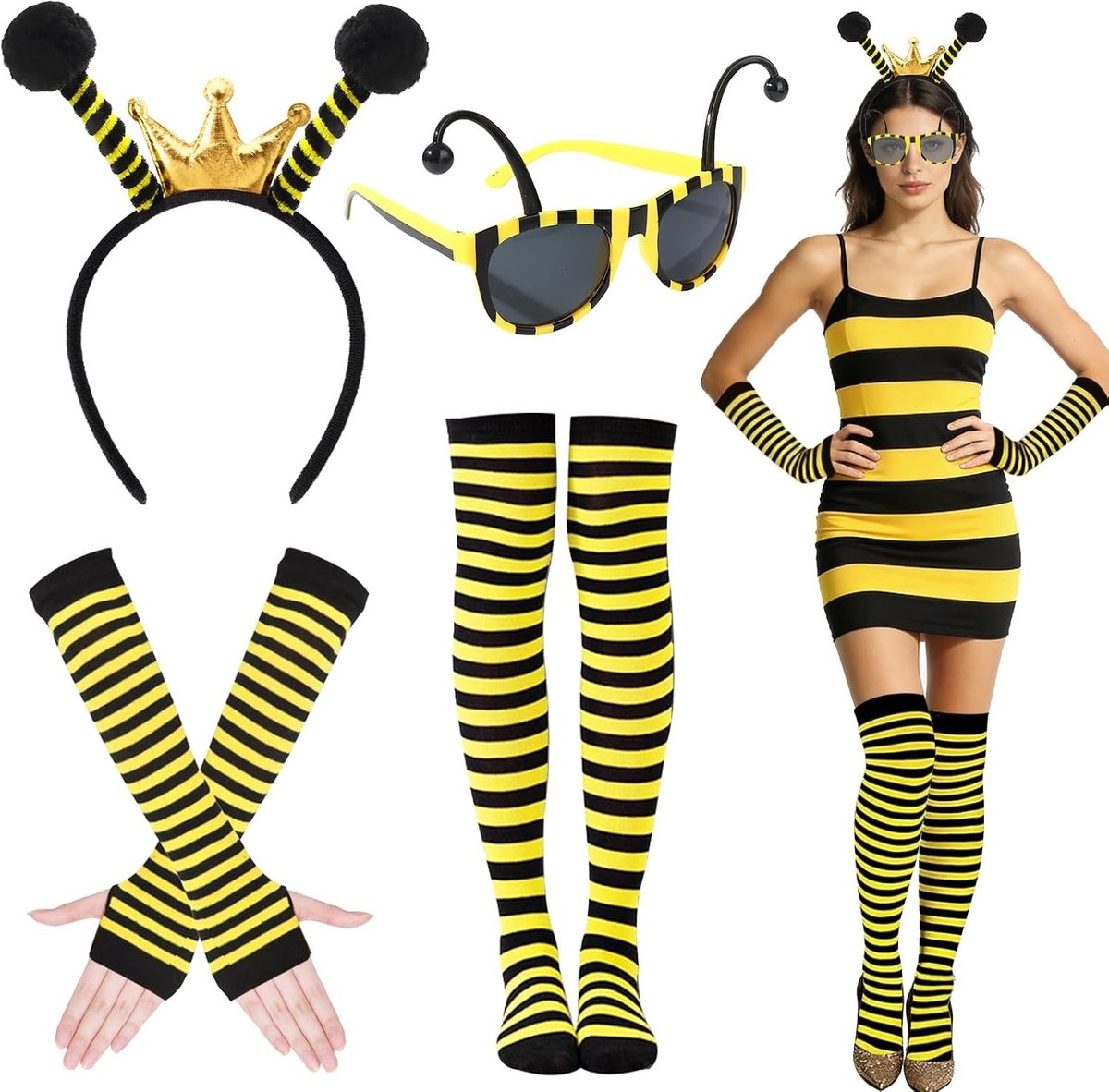 Vrouwelijk Bijen Kostuum met Hoofdband, Bijenbril, Gestreepte Handschoenen en Kousen tot Boven de Knie voor Carnaval en Feestjes